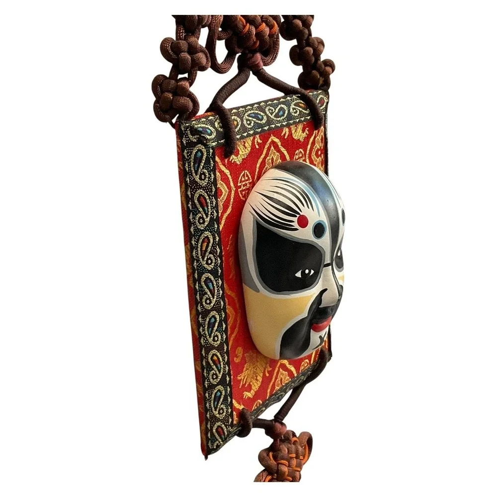 Chinese Opera Mask‎ Wall Hanging Decor with Tassel Fabric Frame